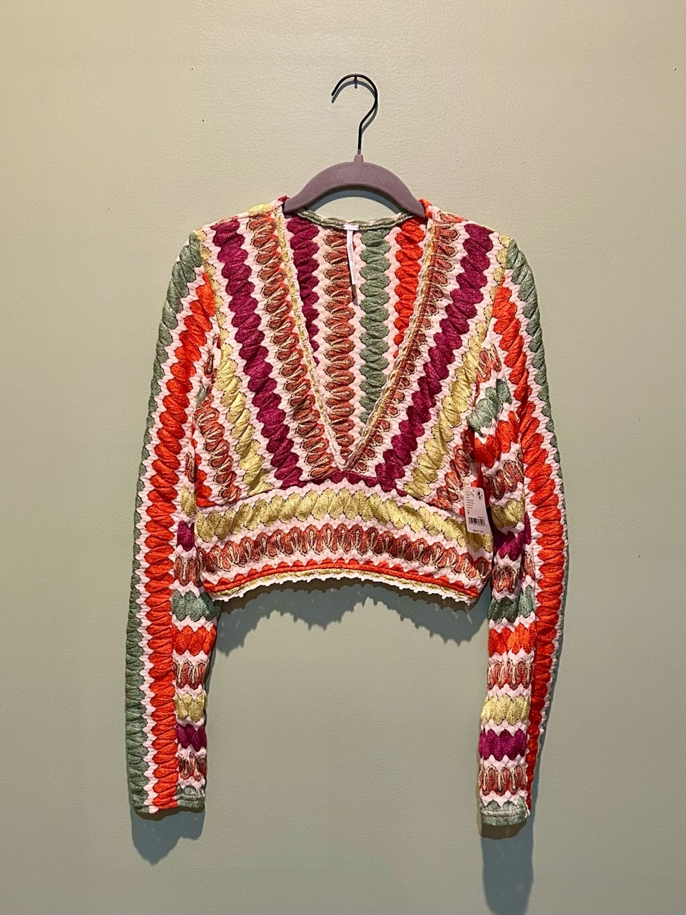 Free People Crochet V-Neck Multicolor Women's Top - Pink, Orange & Green